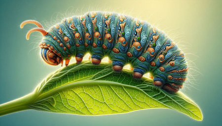 Caterpillar on a green leaf. 3d render illustration.