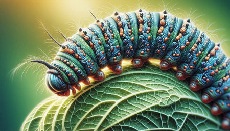 Macro image of caterpillar on green leaf. 3D rendering