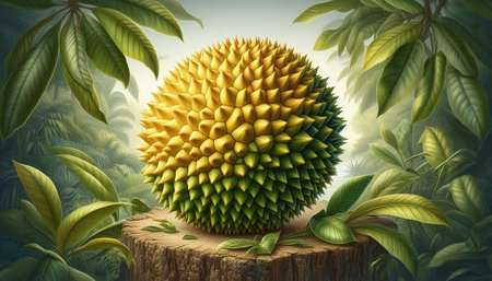 3d rendering of a yellow durian on a stump in the jungle