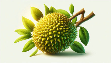 Fresh durian fruit with green leaves isolated on white background. 3d illustration