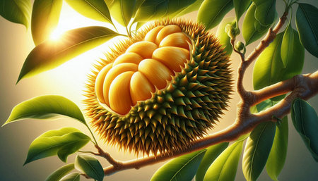 durian fruit on the tree, 3d illustration, horizontal