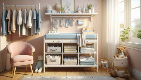 Baby room interior with clothes and toys. 3d render illustration.
