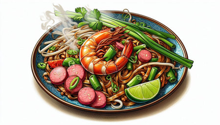 Seafood noodle with shrimps and vegetables on a plate
