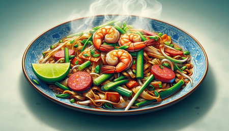 Asian food. Stir-fried noodles with shrimps and vegetables