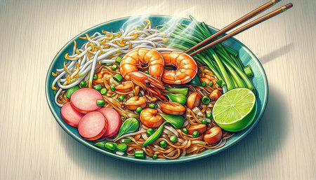 Noodles with shrimps, prawns and vegetables in a bowl.