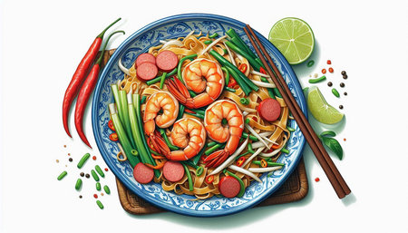 Thai noodle with shrimp and vegetables on white background, vector illustration