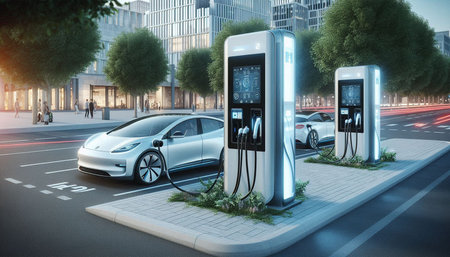 Electric car charging at a charging station in the city. 3d rendering
