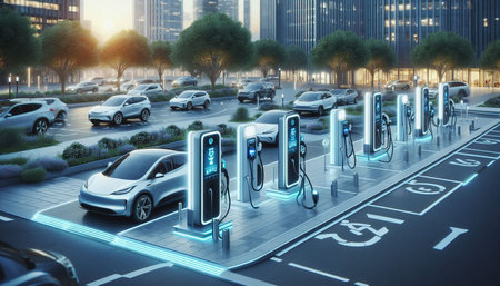 EV charging station for electric car in city at sunset, 3d rendering