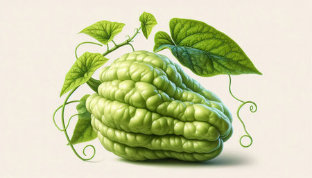 Bitter melon with green leaves isolated on white background. 3d illustration