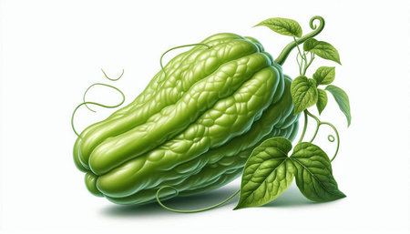 Illustration of bitter gourd with green leaves on white background