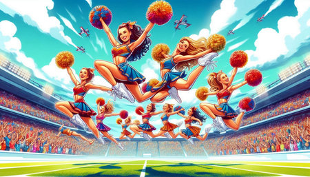 Cheerleaders at the stadium. Cheerleaders with pompoms.