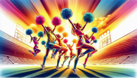 Cheerleaders in action on a soccer stadium. 3D rendering