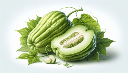 Bitter melon with green leaves isolated on white background. Vector illustration.