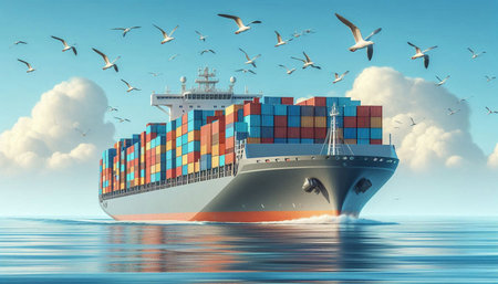 Cargo ship with seagulls in the sky. 3D rendering