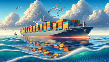 Container ship in the ocean with seagulls. 3D rendering