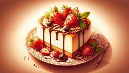 Piece of cake with strawberries and chocolate on a brown background.