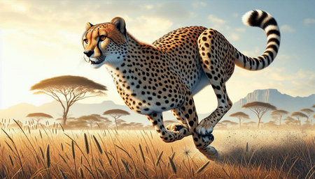 Cheetah running in savannah. 3d render illustration.