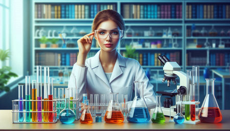 Young scientist woman working in laboratory and examining biochemistry sample. Medical research and...