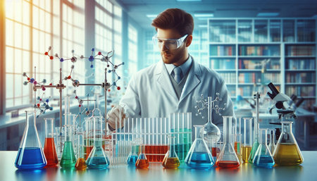 Scientist man working in laboratory and examining biochemistry sample. Mixed media