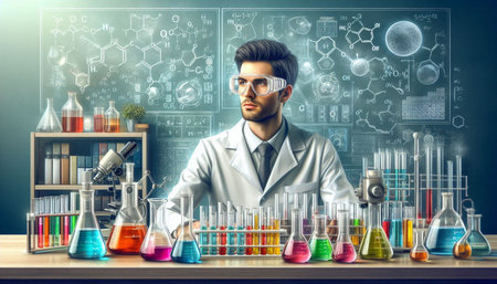 Scientist in lab coat and glasses making research. Science and chemistry concept