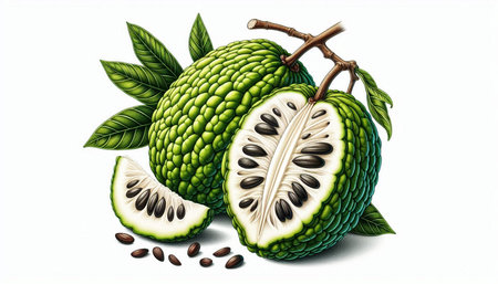 Custard apple with leaves and seeds isolated on white background.