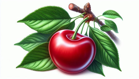 Red cherry on a branch with green leaves. Realistic vector illustration.