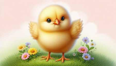 chick in the meadow with flowers on a pink background.