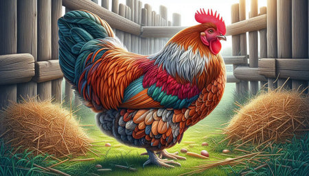 Rooster in the farm. 3D illustration. Conceptual image.