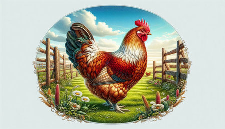 Illustration of a rooster on a farm with a fence.