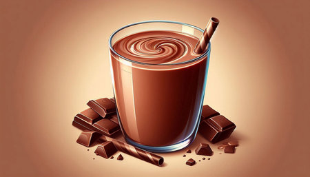 Chocolate milk in a glass on a brown background. 3d illustration