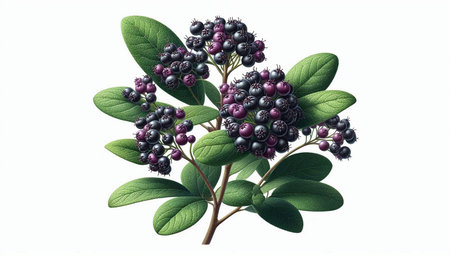 Illustration of a bunch of blueberries with leaves on a white background