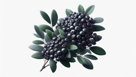 Bunch of black chokeberry with leaves isolated on white background.