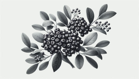 Black and white illustration of rowan branch with berries and leaves.