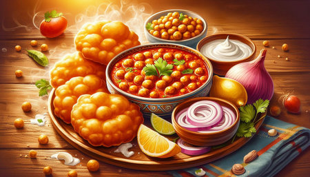 Chickpea curry in bowl and ingredients on wooden background.