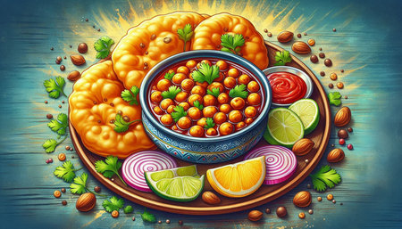 Chickpeas in a bowl with ingredients on wooden background.