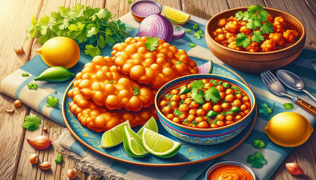 Chickpeas curry with lime and onion. Indian cuisine.