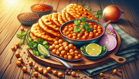 Chickpeas with spicy sauce in bowl. Indian food.