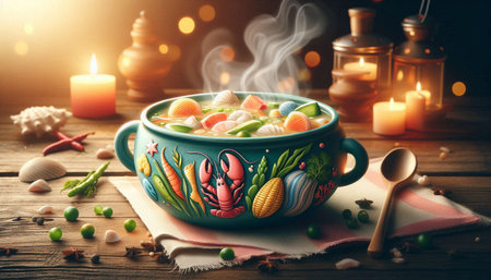 Vegetable soup in a bowl on a wooden table with candles