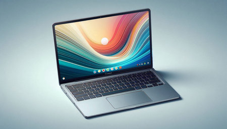 Laptop computer with colorful screen on gray background. 3d rendering