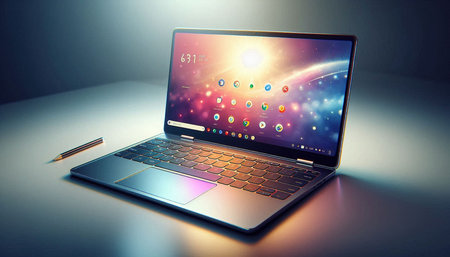 Laptop with colorful screen on gray background. 3D Rendering