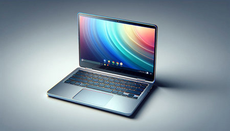Modern laptop with colorful screen on grey background. 3D illustration.