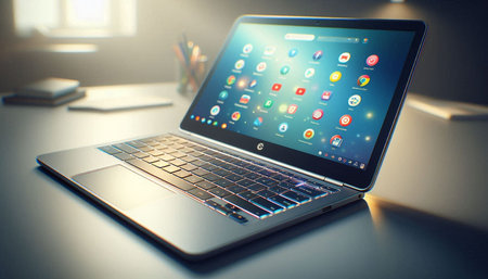 Laptop with application icons on screen. Technology concept. 3D Rendering