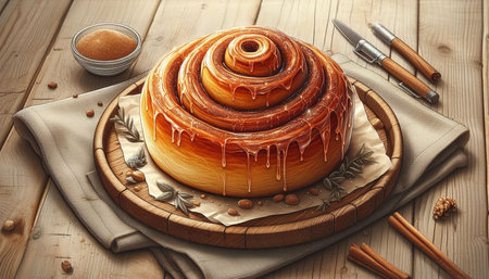 Sweet cinnamon bun with icing sugar on wooden table, 3d render