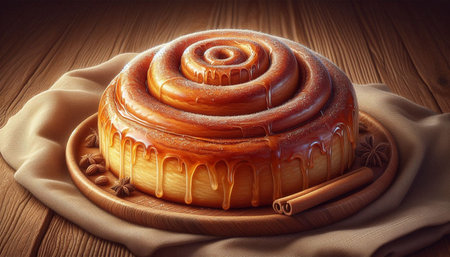 Cinnamon roll on a wooden plate with cinnamon sticks and anise