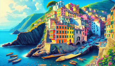Riomaggiore is a village in the province of La Spezia, Liguria, Italy. Colorful houses on the hills.