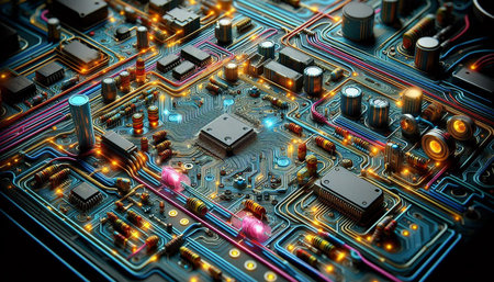 Close-up of electronic circuit board with microchips. 3D rendering