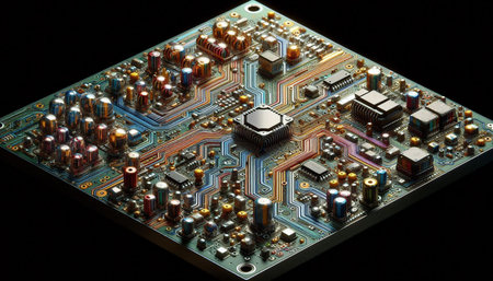 Circuit board close-up with electronic components. Technology background.