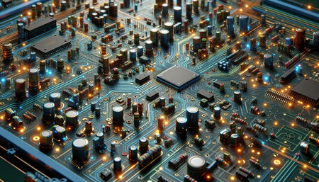 Electronic circuit board close up. Technology background. 3d rendering