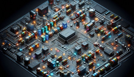 Circuit board close-up with electronic components. 3d rendering