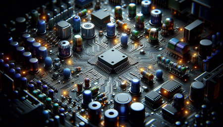 Close up of electronic circuit board. Technology background. 3d rendering